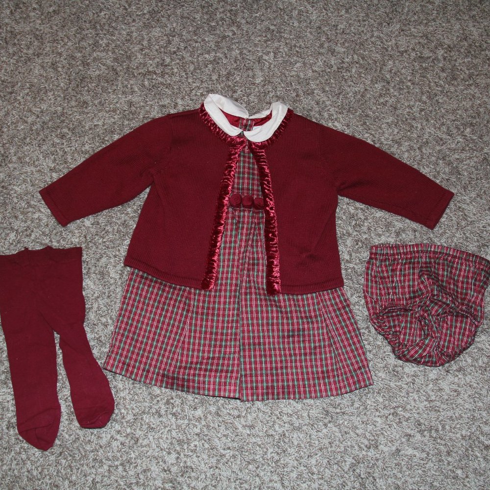 Gymboree Girls 6-12 Months (4 Piece) Silk Christmas Dress Set with Tights - Used